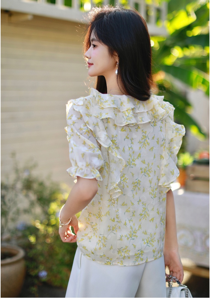 Lotus leaf edges tops V-neck chiffon shirt for women