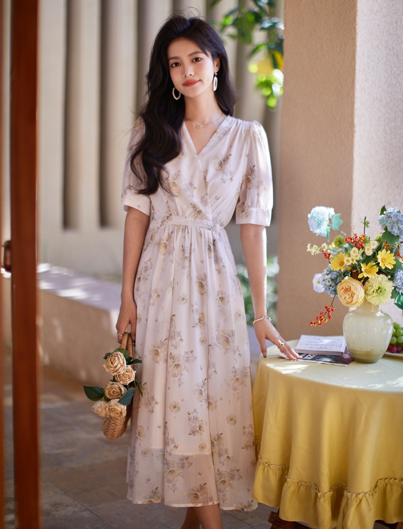 Floral temperament summer dress short sleeve chiffon long dress