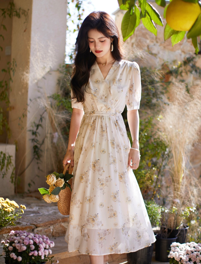 Floral temperament summer dress short sleeve chiffon long dress