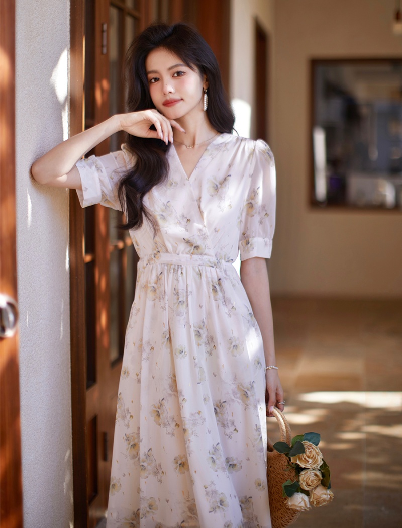 Floral temperament summer dress short sleeve chiffon long dress