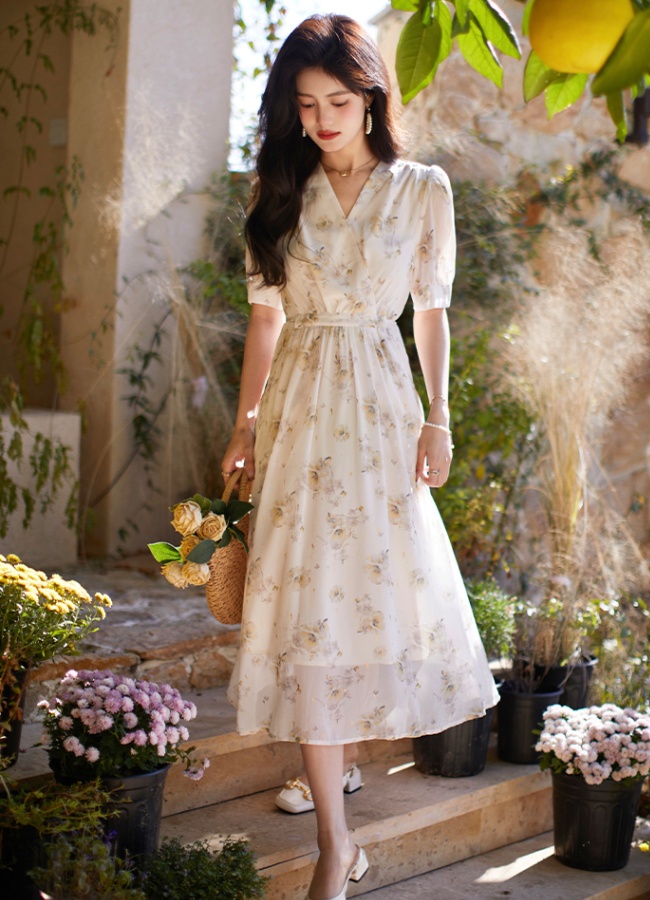 Floral temperament summer dress short sleeve chiffon long dress