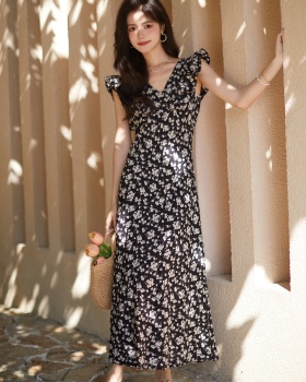 Floral dress pinched waist long dress for women