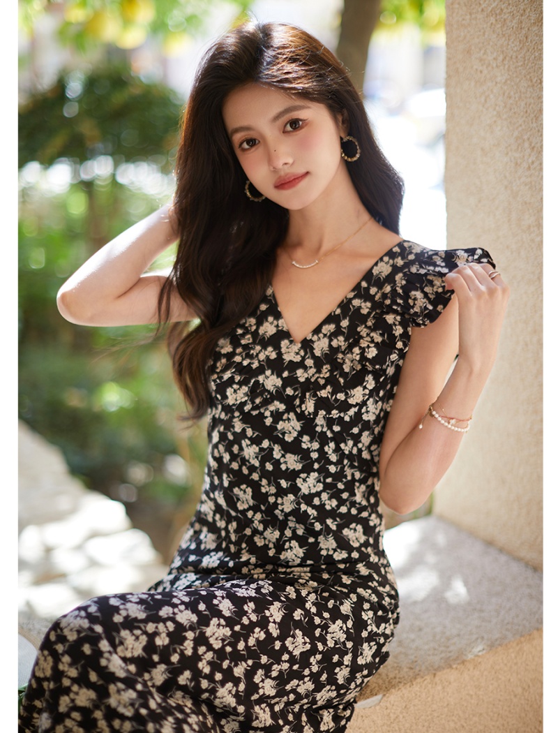 Floral dress pinched waist long dress for women