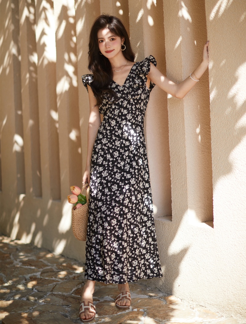 Floral dress pinched waist long dress for women