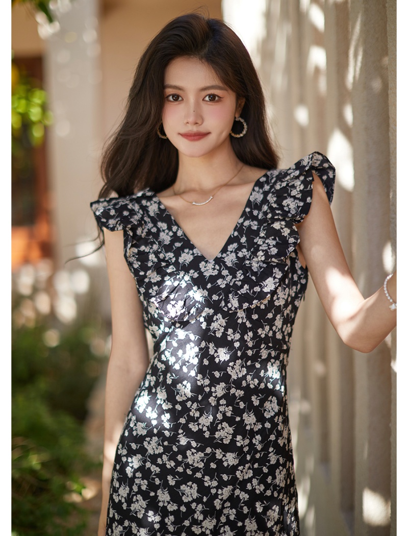 Floral dress pinched waist long dress for women