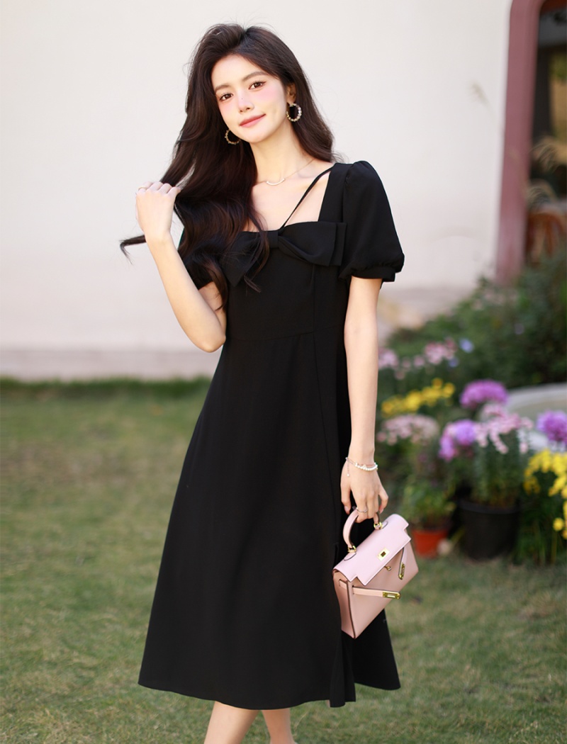 Temperament pinched waist bow summer dress for women