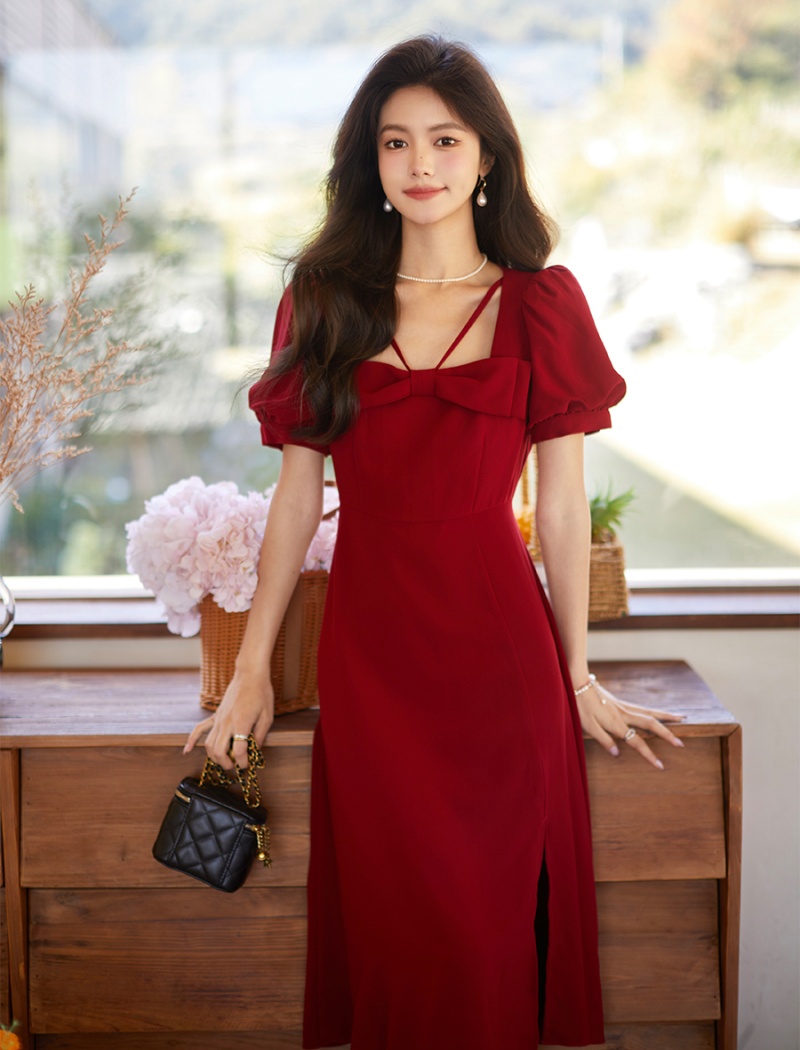 Temperament pinched waist bow summer dress for women