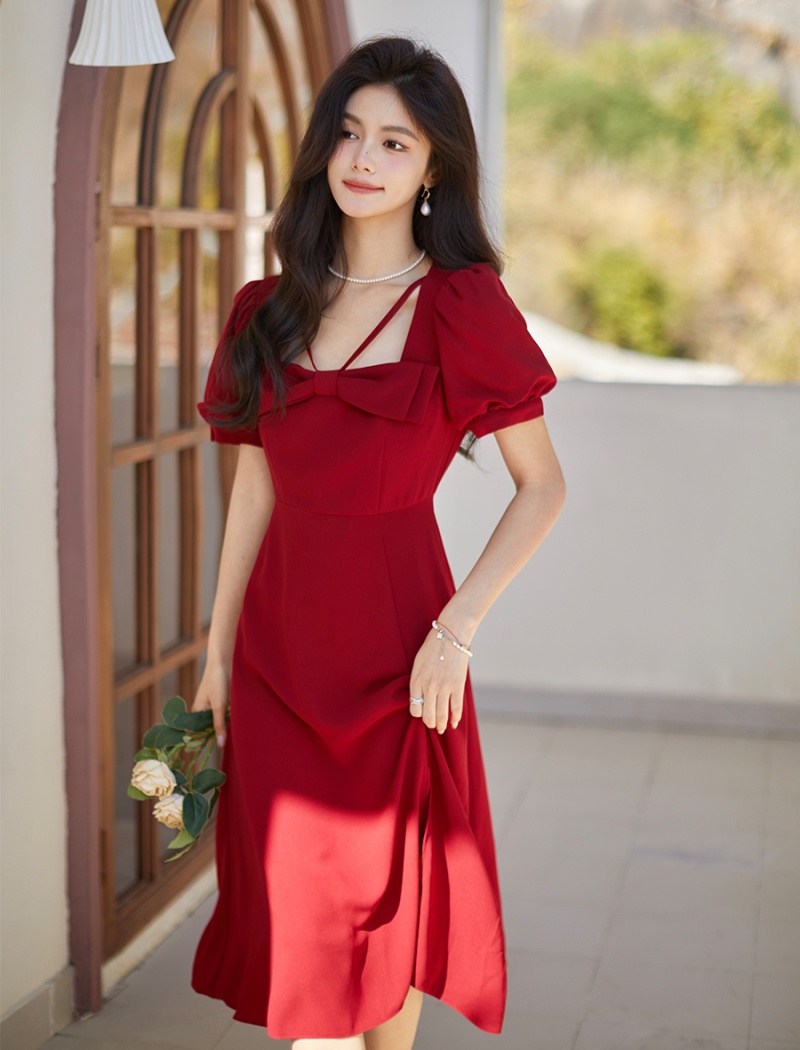 Temperament pinched waist bow summer dress for women