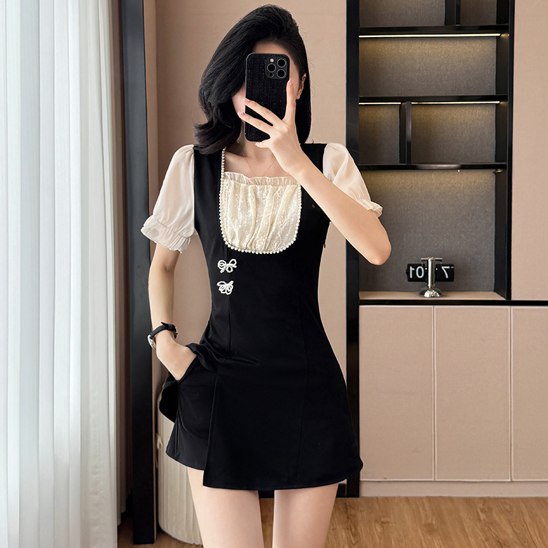 Temperament summer shorts square collar dress 2pcs set