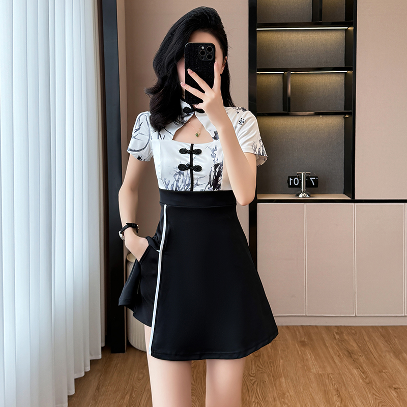 Summer temperament shorts ink cheongsam 2pcs set