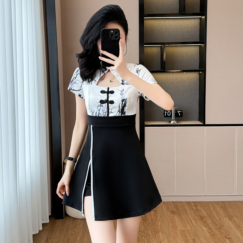 Summer temperament shorts ink cheongsam 2pcs set