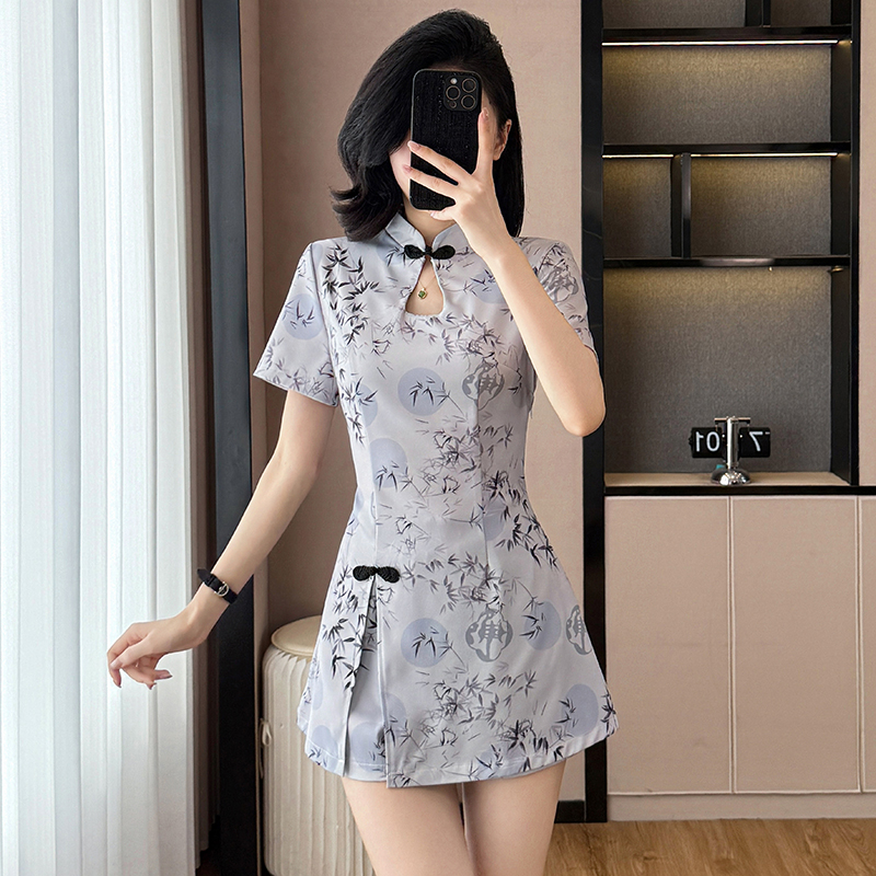 Summer ink shorts printing cheongsam 2pcs set