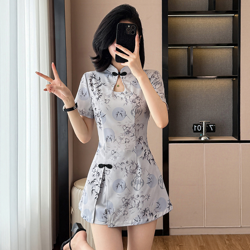 Summer ink shorts printing cheongsam 2pcs set