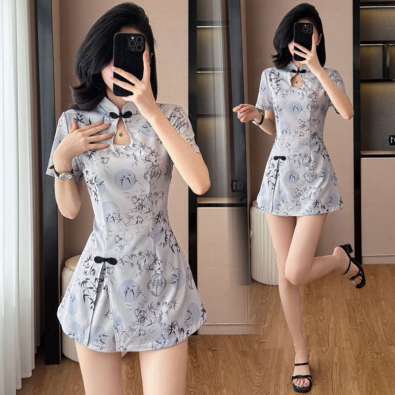 Summer ink shorts printing cheongsam 2pcs set