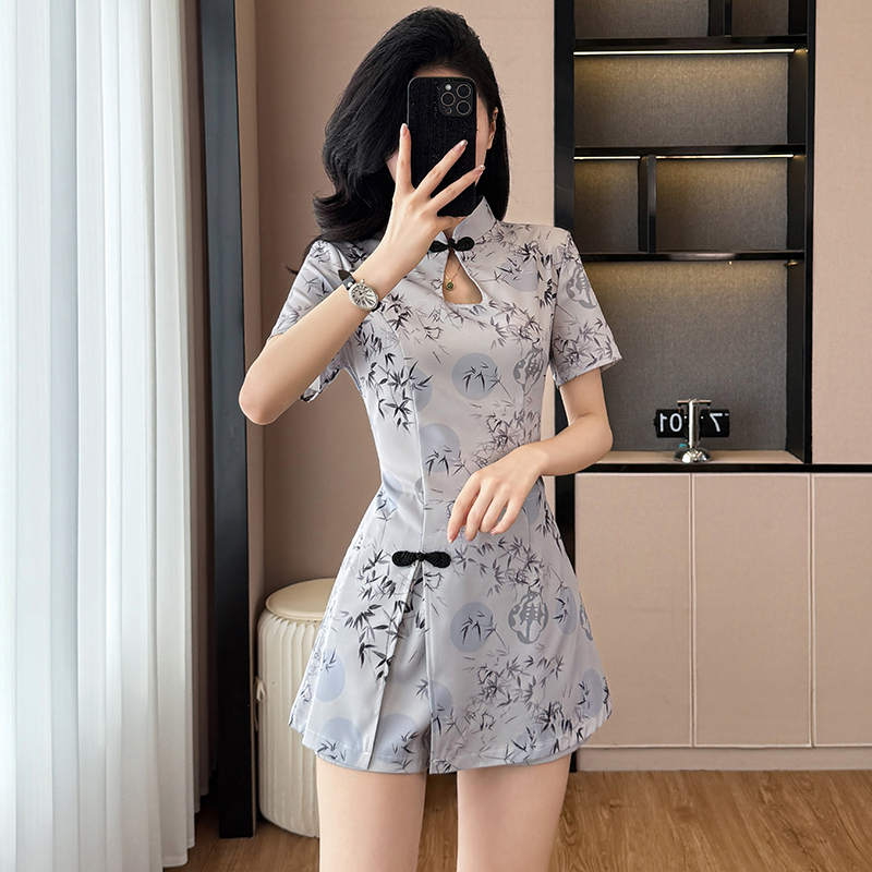 Summer ink shorts printing cheongsam 2pcs set