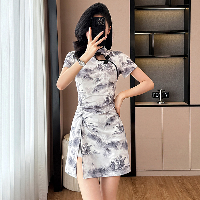 Summer printing dress temperament cheongsam 2pcs set