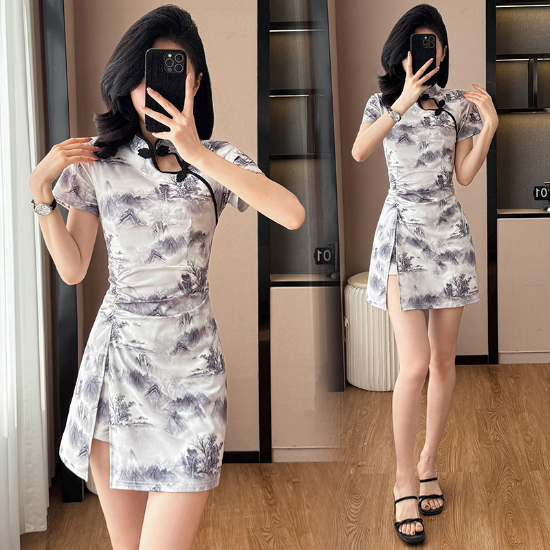 Summer printing dress temperament cheongsam 2pcs set