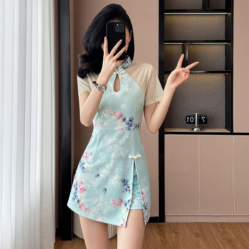 Printing dress Chinese style cheongsam 2pcs set