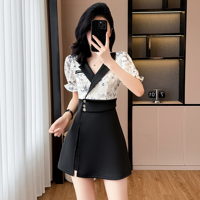 Splice sweet dress summer fashion shorts 2pcs set