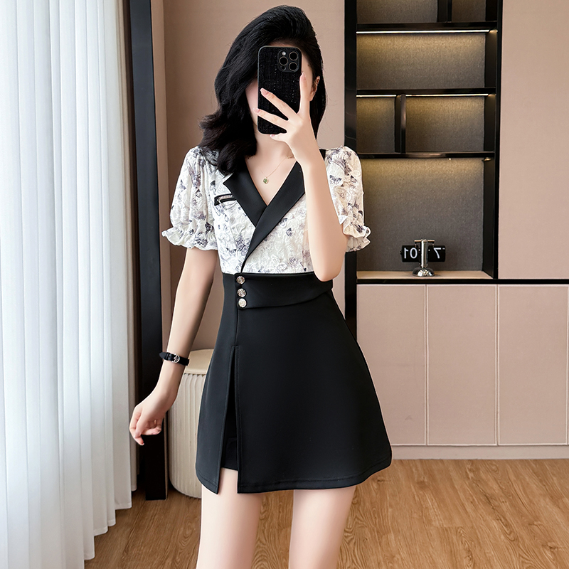 Splice sweet dress summer fashion shorts 2pcs set