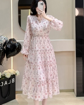 Chiffon printing lantern sleeve long temperament dress