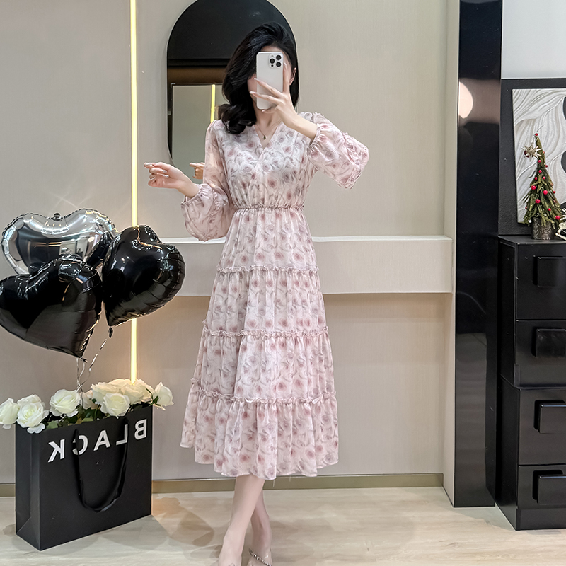 Chiffon printing lantern sleeve long temperament dress