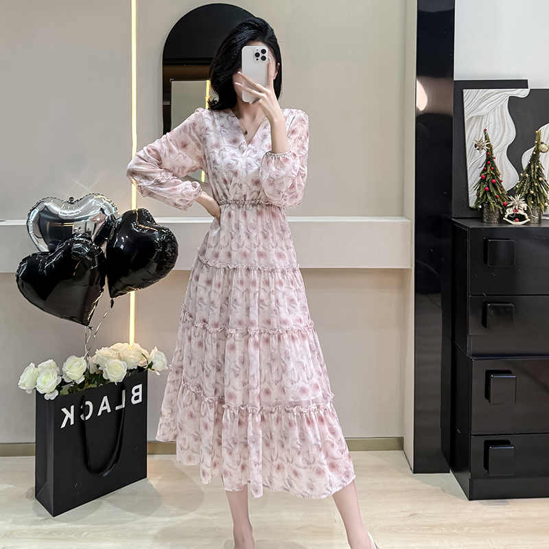 Chiffon printing lantern sleeve long temperament dress