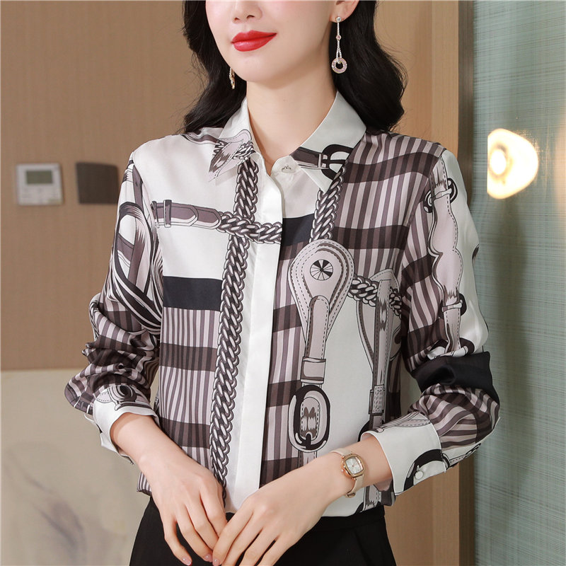 Thick real silk twill shirt long sleeve printing tops