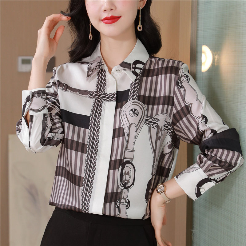 Thick real silk twill shirt long sleeve printing tops