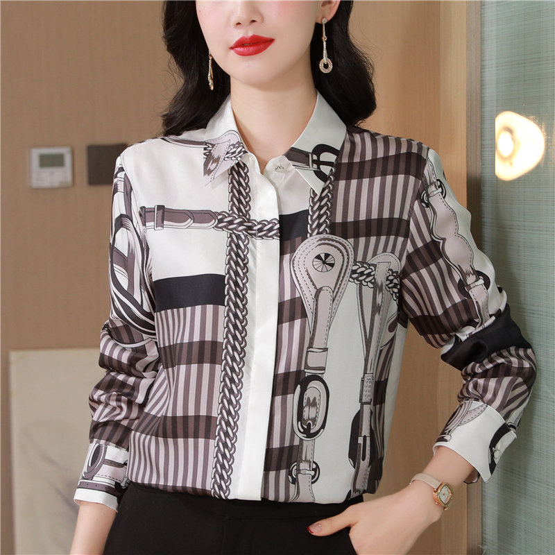 Thick real silk twill shirt long sleeve printing tops