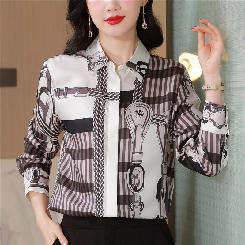 Thick real silk twill shirt long sleeve printing tops