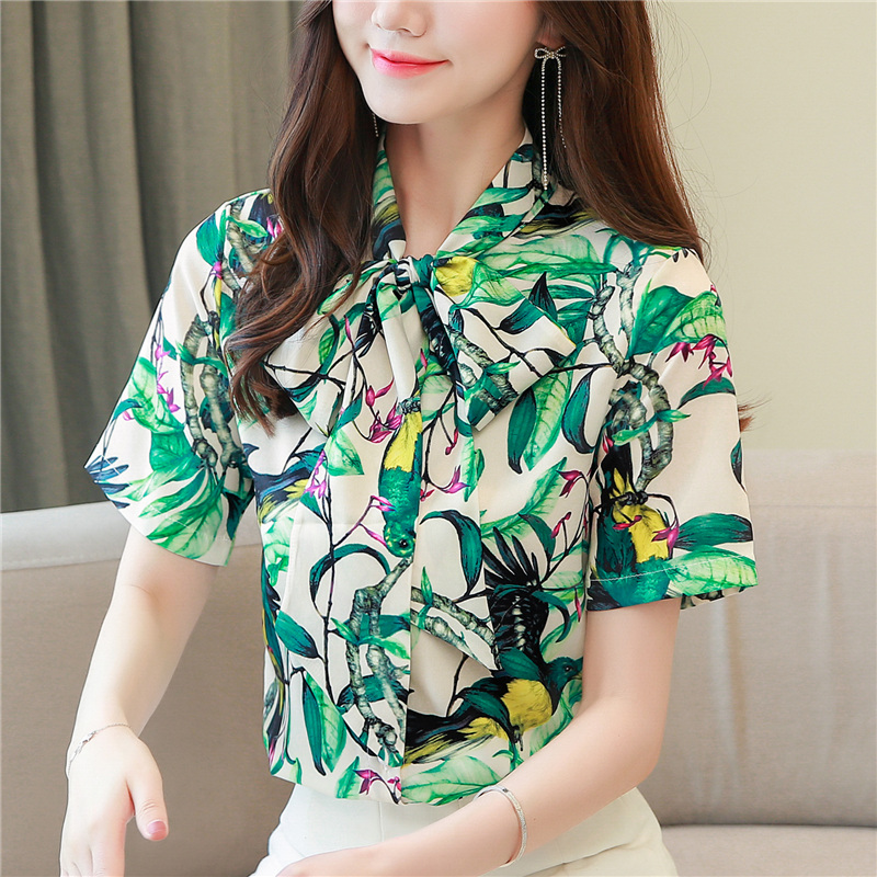 Streamer short sleeve shirt printing real silk tops