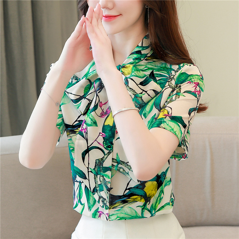 Streamer short sleeve shirt printing real silk tops