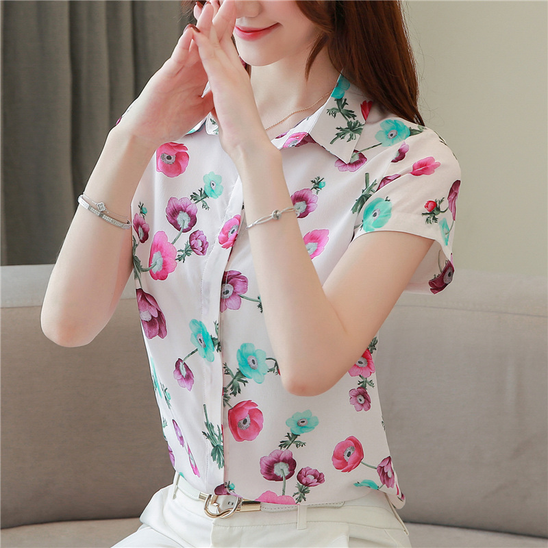 Loose real silk printing tops Korean style floral shirt