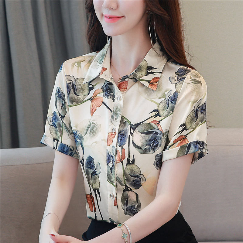 Temperament short sleeve shirt real silk tops for women