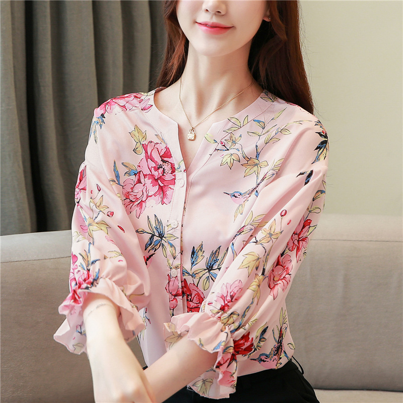 Silk ladies tops lantern sleeve chiffon shirt for women