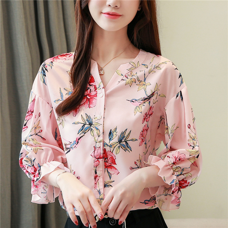 Silk ladies tops lantern sleeve chiffon shirt for women