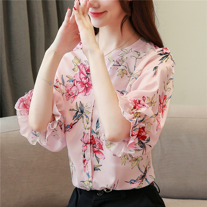 Silk ladies tops lantern sleeve chiffon shirt for women