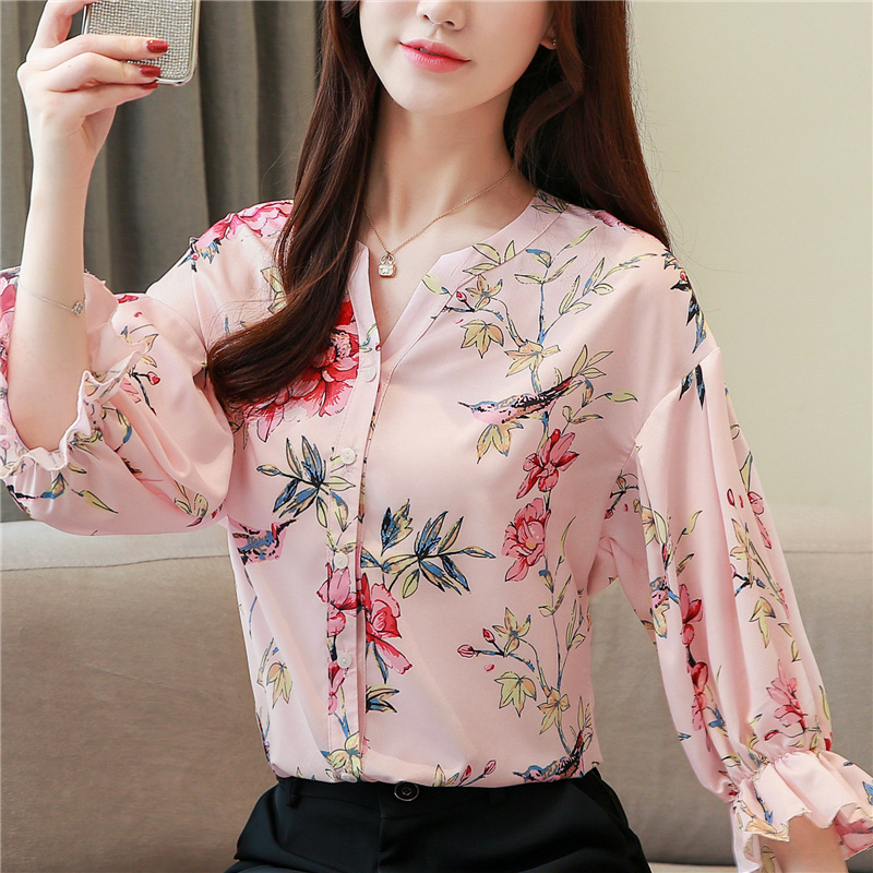 Silk ladies tops lantern sleeve chiffon shirt for women