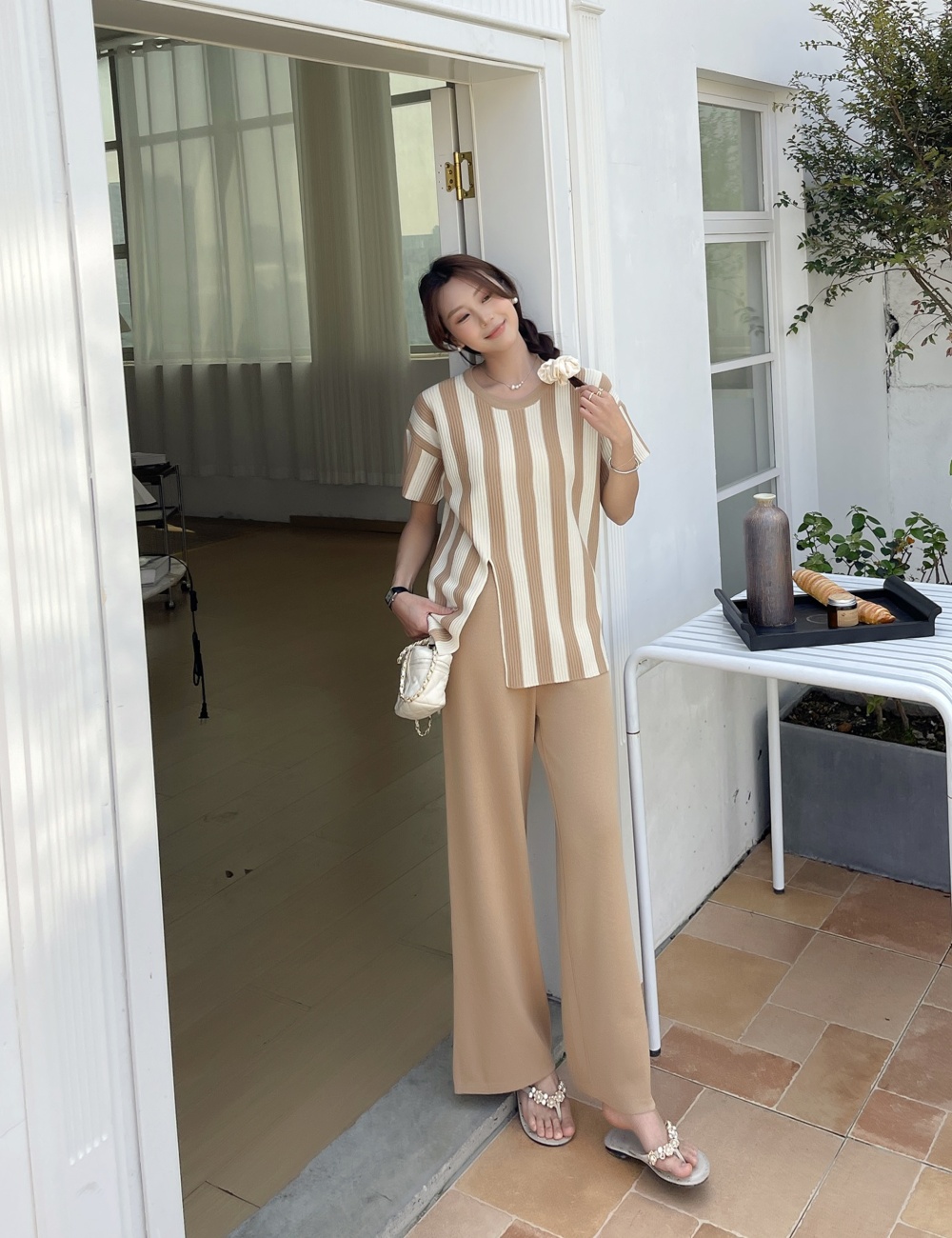 High waist sweater wide leg pants 2pcs set for women