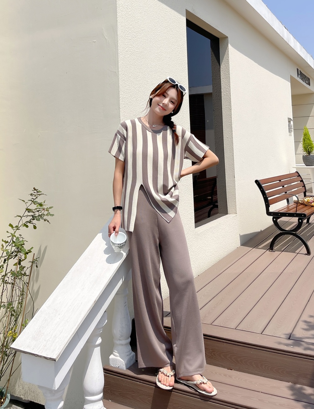 High waist sweater wide leg pants 2pcs set for women