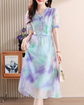 Printing show young temperament puff sleeve dress for women