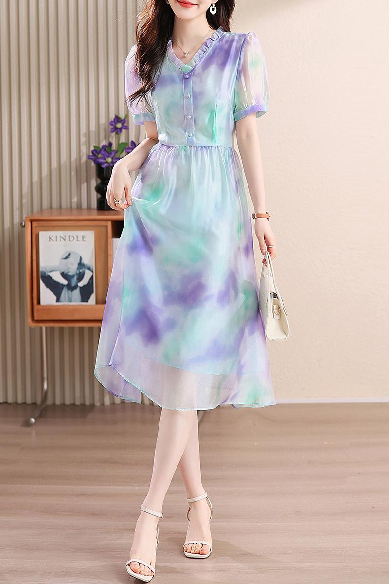 Printing show young temperament puff sleeve dress for women