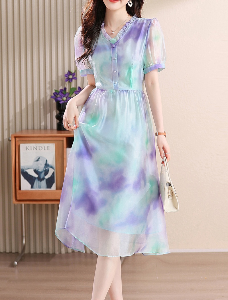 Printing show young temperament puff sleeve dress for women