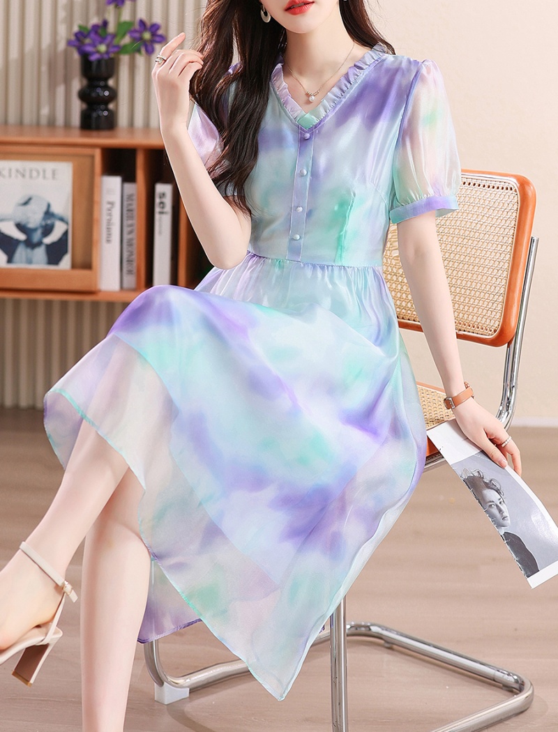 Printing show young temperament puff sleeve dress for women