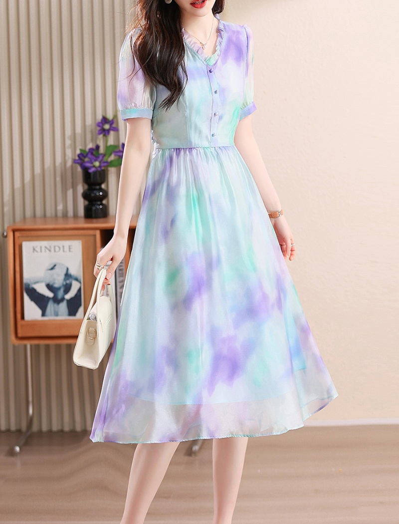 Printing show young temperament puff sleeve dress for women