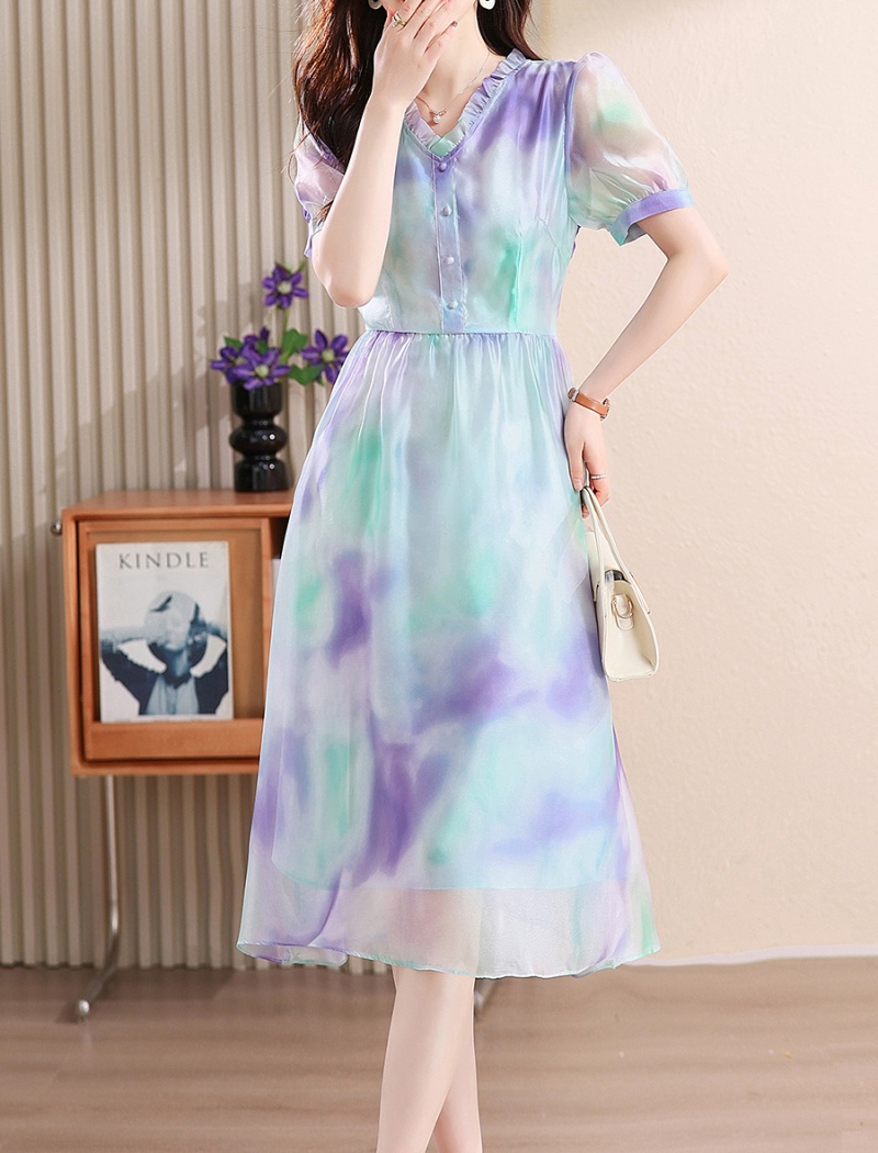 Printing show young temperament puff sleeve dress for women