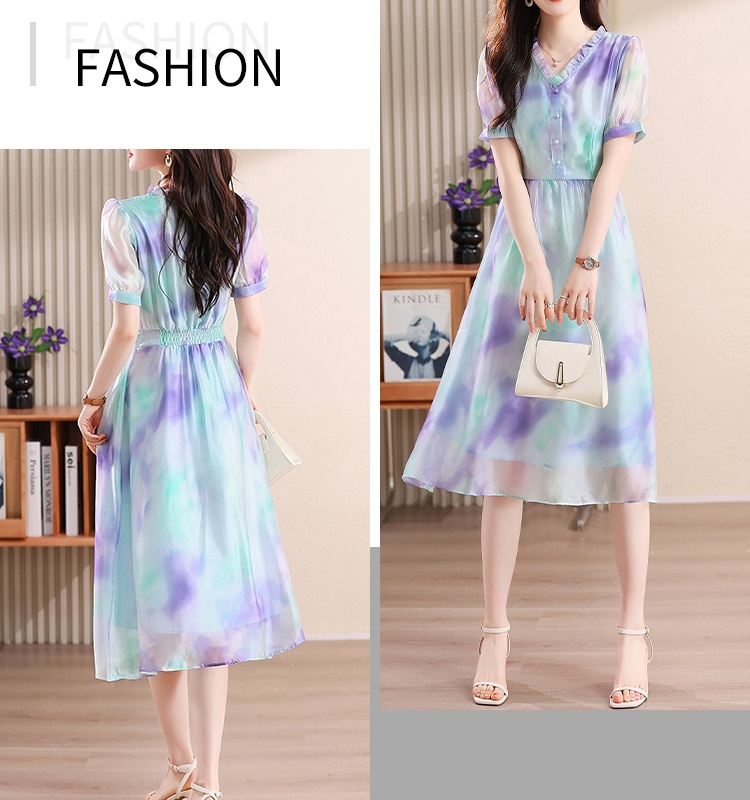 Printing show young temperament puff sleeve dress for women