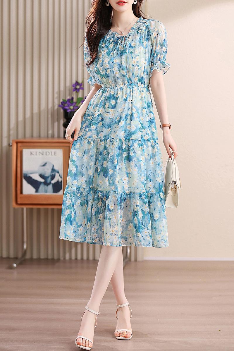 Fresh blue chiffon seaside temperament dress for women