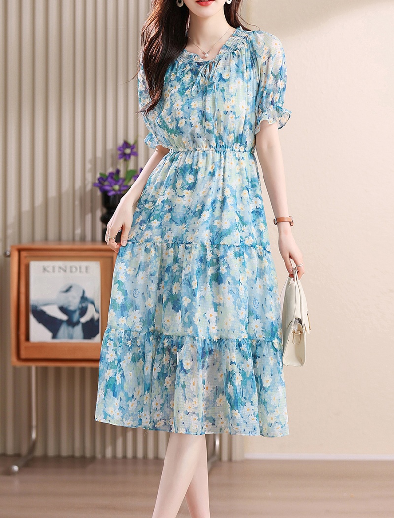 Fresh blue chiffon seaside temperament dress for women